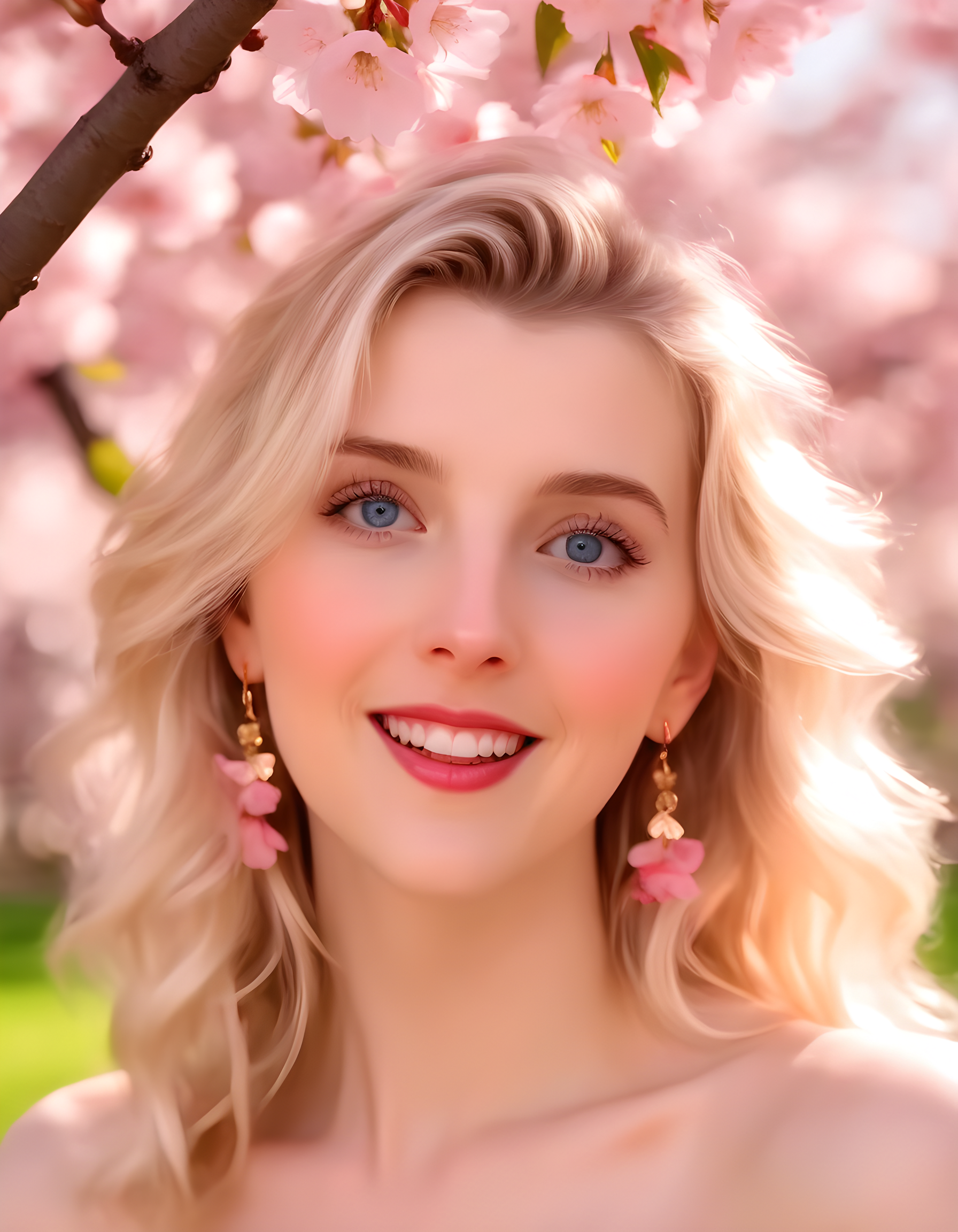 In a vibrant sunlit park, Ameliagabs, a radiant woman with cascading blonde hair and captivating blue eyes, poses confidently under the shade of a blooming cherry blossom tree. Her lips are painted a bold, fiery red, accentuating her smile as she flashes pearly whites. The golden sunlight dances on her delicate earrings, adding a touch of sparkle to her ethereal beauty. A soft focus on her face creates an intimate, close-up shot that highlights the natural radiance of her skin and the striking intensity of her gaze. The background is a blur of green leaves and pink petals, providing a serene and picturesque setting for this captivating portrait.