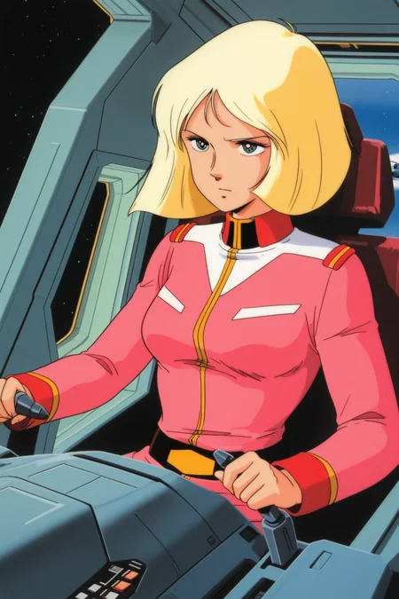 masterpiece, best quality, amazing quality, absurdres, saylamass79, blonde hair, solo, serious, confident, pink military uniform, large breasts, upper body, indoors, spacecraft, cockpit, sitting, leaning back, airplane interior, joystick,  through window, wide shot,  science fiction, retro artstyle