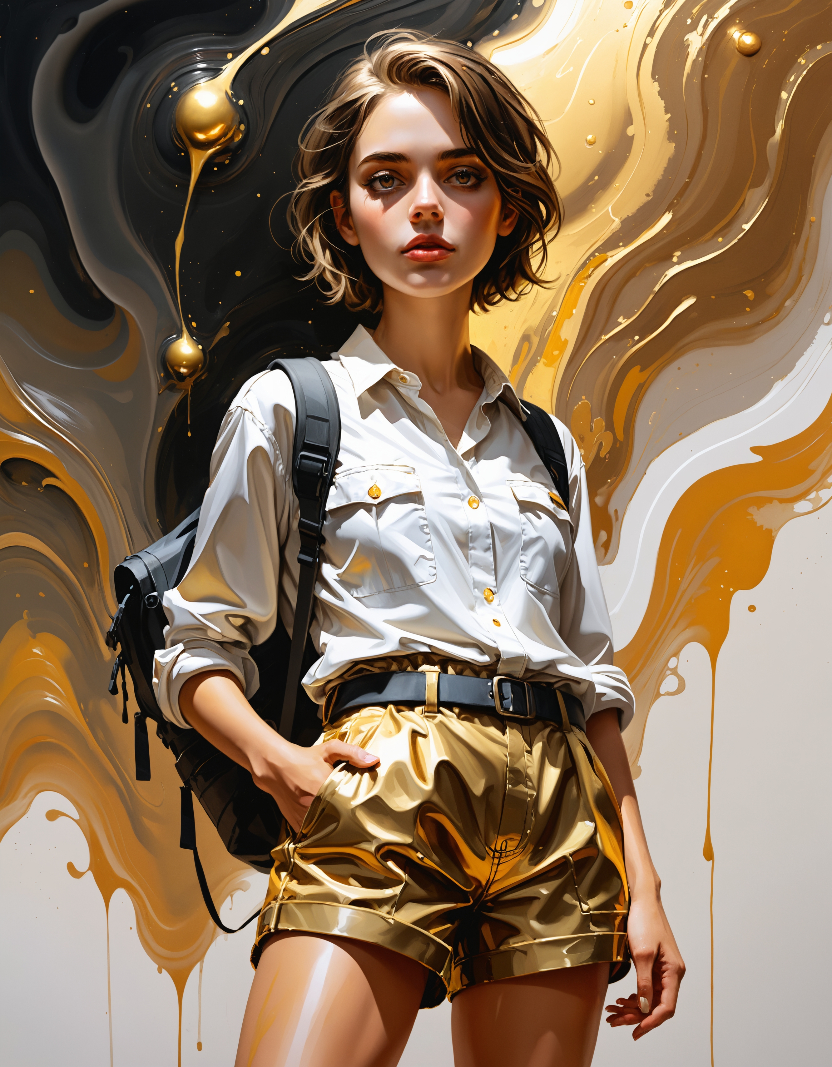 zavy-lqdprtrt, liquid paint, Gouache Art, Drab Mennonite Female, dressed in Gold Cargo shorts, Hopeful, gorgeous Amber eyes, alluring, ambient light, exquisite color, beautiful composition, glowing, shiny, imposing, rich vivid colors, romantic, ambient, badge, professional creative
