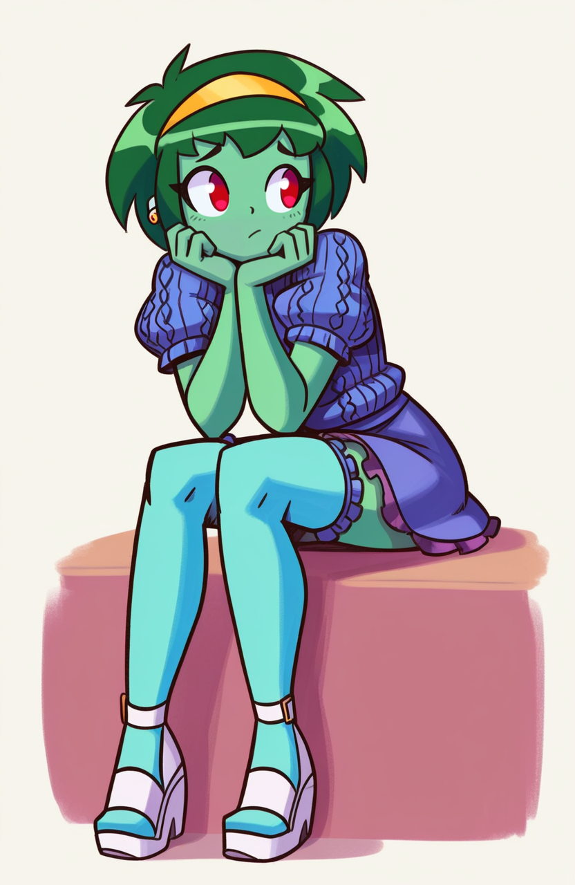 1girl, solo,
rottytops, green skin, green hair, short hair, red eyes, blue aran sweater, short puffy sleeves, green frilled skirt, blue frilled thighhighs, white wedge heels, sitting, chin resting on hand, thoughtful gaze, pensive expression, calm expression,
<lora:shadowhawx95:1> shadhawx,, extremely detailed, highres, masterpiece, best quality