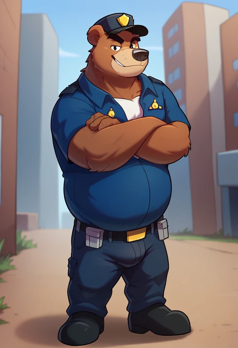 score_9, score_8_up, score_7_up, rj, brown bear, muscular, muscle gut, belly, large arms, blue shirt, police officer, white undershirt, blue cap, dark blue pants, black shoes, black belt, cartoon, face, furry, male focus, solo, full body, dominant eyes, smirk ,profile view, Decrepit city, solo, fat belly, <lora:EMS-307707-EMS:1.000000> bulge, looking at pov, outside, arms crossed, eyesbrows raised, interested, bulge,