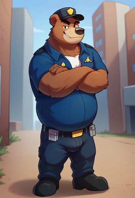 score_9, score_8_up, score_7_up, rj, brown bear, muscular, muscle gut, belly, large arms, blue shirt, police officer, white undershirt, blue cap, dark blue pants, black shoes, black belt, cartoon, face, furry, male focus, solo, full body, dominant eyes, smirk ,profile view, Decrepit city, solo, fat belly, <lora:EMS-307707-EMS:1.000000> bulge, looking at pov, outside, arms crossed, eyesbrows raised, interested, bulge,