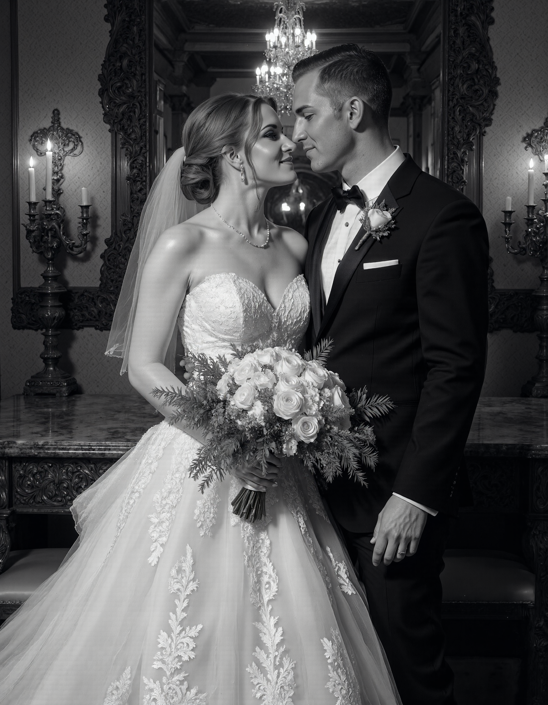 This black-and-white photograph captures a candid moment between a groom and bride in a luxurious, vintage setting., <lora:SuperModel-V9:1>, <lora:zilcova:1>, (b&w, Monochromatic, Film Photography:1.3),  Photorealistic, Hyperrealistic, Hyperdetailed, film noir, analog style, soft lighting, subsurface scattering, realistic, heavy shadow, masterpiece, best quality, ultra realistic, 8k, golden ratio, Intricate, High Detail, film photography, soft focus
