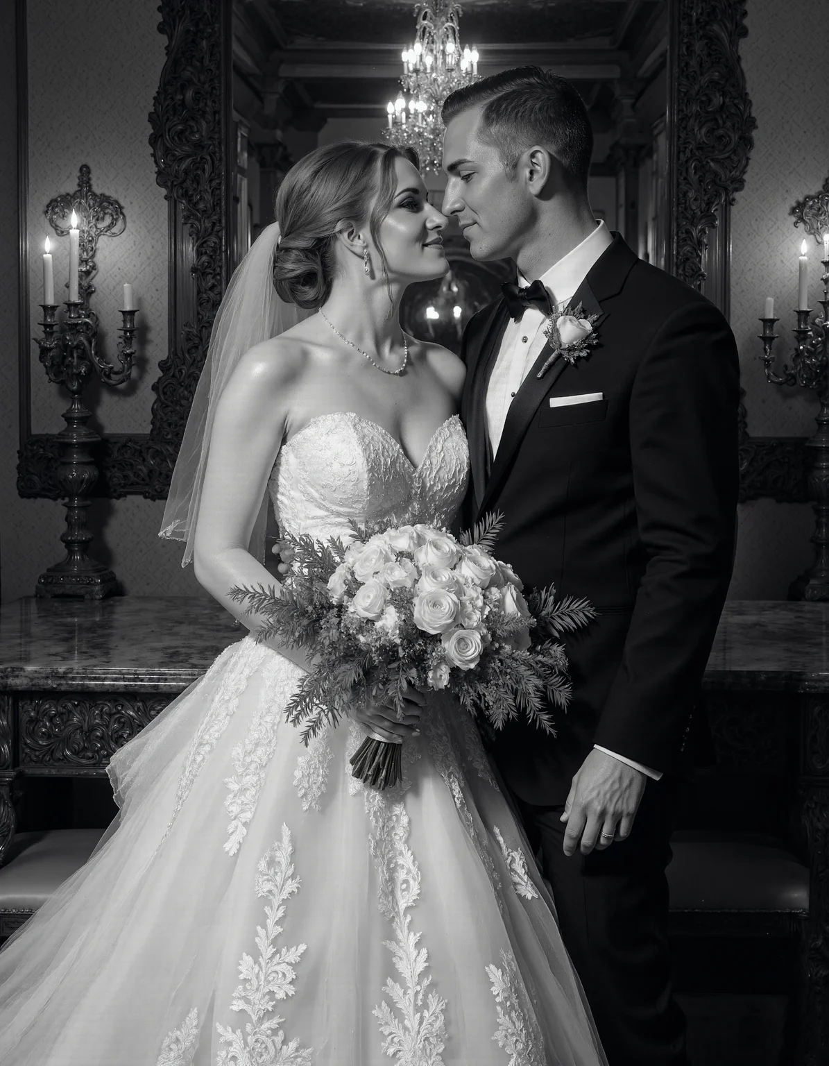 This black-and-white photograph captures a candid moment between a groom and bride in a luxurious, vintage setting., <lora:SuperModel-V9:1>, <lora:zilcova:1>, (b&w, Monochromatic, Film Photography:1.3), Photorealistic, Hyperrealistic, Hyperdetailed, film noir, analog style, soft lighting, subsurface scattering, realistic, heavy shadow, masterpiece, best quality, ultra realistic, 8k, golden ratio, Intricate, High Detail, film photography, soft focus