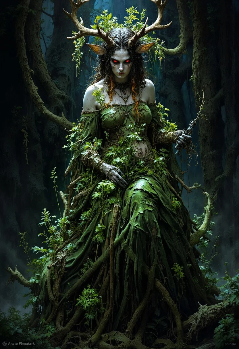 An evocative dark fantasy illustration by Anato Finnstark and Greg Rutkowski. The central figure is a once-elegant forest nymph, now corrupted by sinister forces. She has deer-like attributes, a pale complexion, glowing red eyes, and jagged antlers. Her once-lush attire is now tattered and overgrown with the very greenery that she once represented. The background is dark and foreboding, reflecting the nymph's lost beauty and anger. The overall atmosphere is cinematic and conceptual, immersing the viewer in a world of dark fantasy., cinematic, conceptual art, dark fantasy