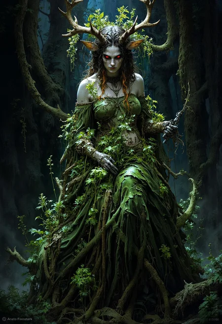 An evocative dark fantasy illustration by Anato Finnstark and Greg Rutkowski. The central figure is a once-elegant forest nymph, now corrupted by sinister forces. She has deer-like attributes, a pale complexion, glowing red eyes, and jagged antlers. Her once-lush attire is now tattered and overgrown with the very greenery that she once represented. The background is dark and foreboding, reflecting the nymph's lost beauty and anger. The overall atmosphere is cinematic and conceptual, immersing the viewer in a world of dark fantasy., cinematic, conceptual art, dark fantasy