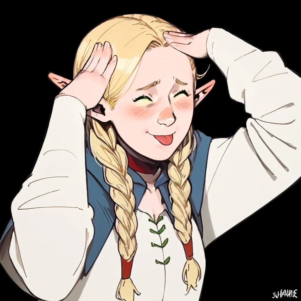 score_9, score_8_up, score_7_up, 1girl, ah_eto..._bleh_(meme), AhEtoBlehMeme, closed eyes, tongue out, :p, hands on own head, smile, hands_on_head, zPDXL3, tongue out,closed eyes,:3,blush,smile,upper body, marcille donato, long hair, blonde hair, green eyes, braid, pointy ears, twin braids, elf, bright pupils, parted bangs