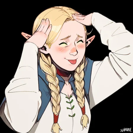score_9, score_8_up, score_7_up, 1girl, ah_eto..._bleh_(meme), AhEtoBlehMeme, closed eyes, tongue out, :p, hands on own head, smile, hands_on_head, zPDXL3, tongue out,closed eyes,:3,blush,smile,upper body, marcille donato, long hair, blonde hair, green eyes, braid, pointy ears, twin braids, elf, bright pupils, parted bangs