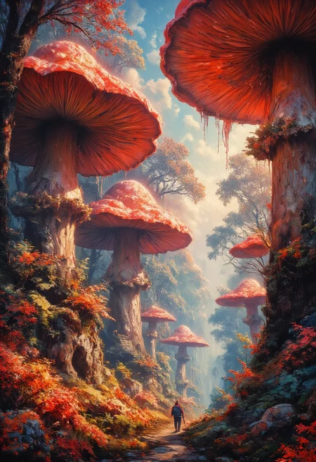 A fantasy landscape featuring an enchanted forest filled with massive, oversized red mushrooms with realistic textures and glowing edges. The forest floor is covered in vibrant autumn foliage and soft moss. Sunlight filters through a gentle mist, casting warm golden beams across the scene. A lone adventurer, a small human figure with a backpack, walks down a narrow forest path, emphasizing the scale of the gigantic mushrooms. The atmosphere is whimsical, magical, and dreamlike, with a surreal balance of realism and fantasy elements. Soft focus in the background enhances the depth and otherworldly feel