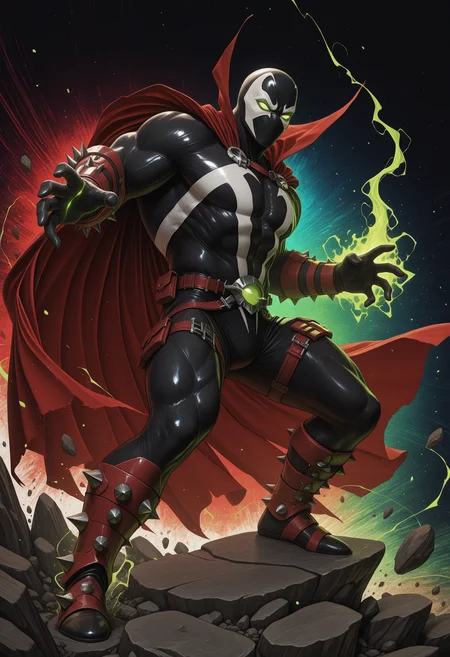 solo, 1boy, male focus, full-length portrait, sp4wn, mask, green glowing eyes, no pupils, red cape, action pose, dynamic, magic user, particles, muscular, (abstract background, multicolored background, lineart:1.3), rock, superhero, 5 fingers
perfect anatomy, masterpiece, perfect quality, best quality, detailed, newest, very aesthetic <lora:Spawn_Marvel_V1_ILXL:1.0000000000000002> <lora:illustriousXL_stabilizer_v1.72:0.6>