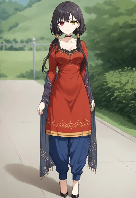 safe_pos, 1girl, solo, score_9_up, score_9, source_anime, 1girl, solo, black hair, red eye, twintail hair, yellow eye, heterochromia, 1girl, solo, twintails, closed mouth, smile, looking at viewer, standing, medium breast, fullbody , depts of field, expressiveh, <lora:Salwar_kameez:1> Traditional Indian, red tunic, intricate neckline, blue trousers, plain earrings, high heels, Salwar kameez, sheer sleeves, Sheer , Deep V-neckline , plain dress, shawl on chest, transparent shawl