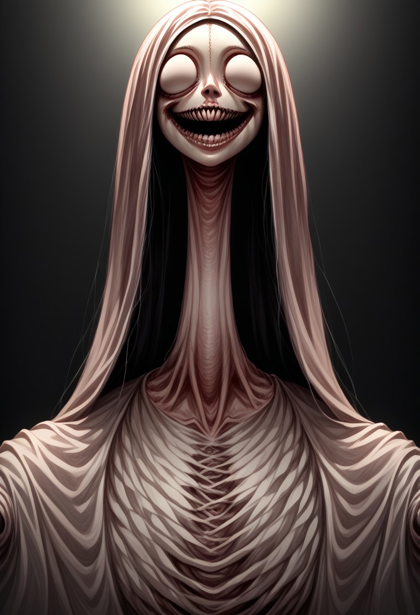score_9, score_8_up, score_7_up, source_anime, solo, Nightmarish Jessica Rabbit, (looking towards the viewer, face view, close up face, head shot, face portrait:1.4), (long arms, long legs, long neck, horror, no eyes, no face, large mouth, creepy smile, skinny, bones, Victorian gown:1.5), close face view, (indirect lighting, dynamic lighting:1.4), simple background, (detailed image, high resolution, 5k resolution:1.0), VikingAnime, (horror Art Style:1.2)