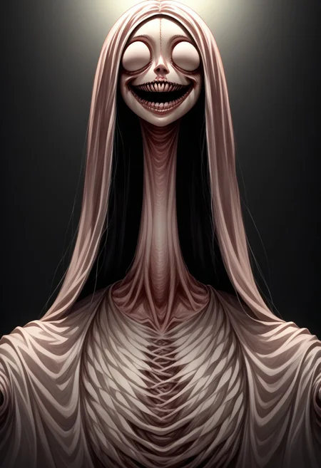 score_9, score_8_up, score_7_up, source_anime, solo, Nightmarish Jessica Rabbit, (looking towards the viewer, face view, close up face, head shot, face portrait:1.4), (long arms, long legs, long neck, horror, no eyes, no face, large mouth, creepy smile, skinny, bones, Victorian gown:1.5), close face view, (indirect lighting, dynamic lighting:1.4), simple background, (detailed image, high resolution, 5k resolution:1.0), VikingAnime, (horror Art Style:1.2)