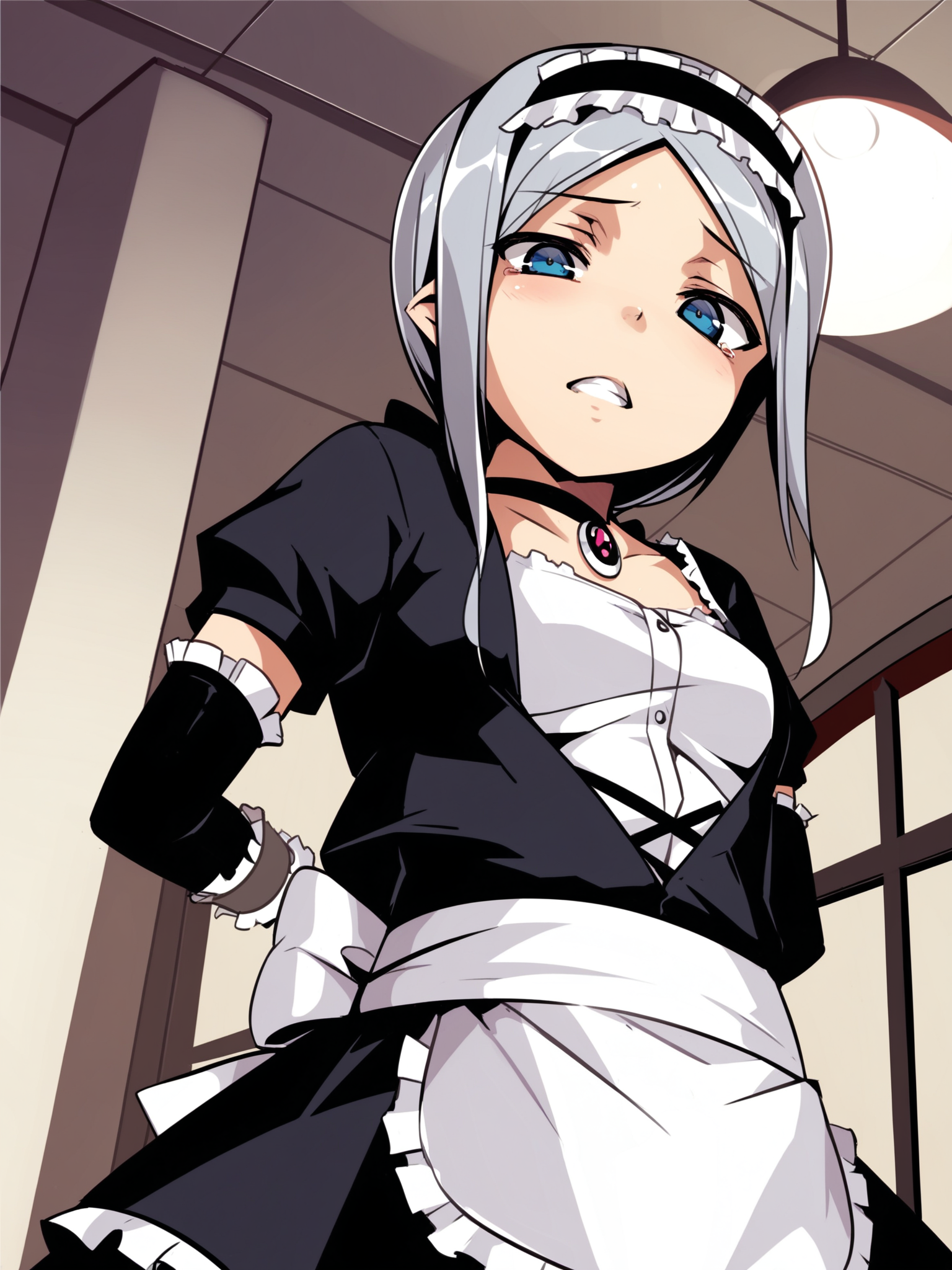 <lora:happy_tentacle-leia-v0.1-000033:0.9>, ht_leia, silver hair, blue eyes, maid, maid headdress, arm garter, elbow sleeve, short sleeves, black thighhighs, pendant choker, dress shirt, cropped jacket, tied jacket, garter straps, black skirt, bow, waist apron, , indoors 1girl, solo, upper body , , (torogao :1.1), , looking down , standing , facing viewer , score_9, score_8_up, score_7_up, score_6_up, score_5_up, score_4_up