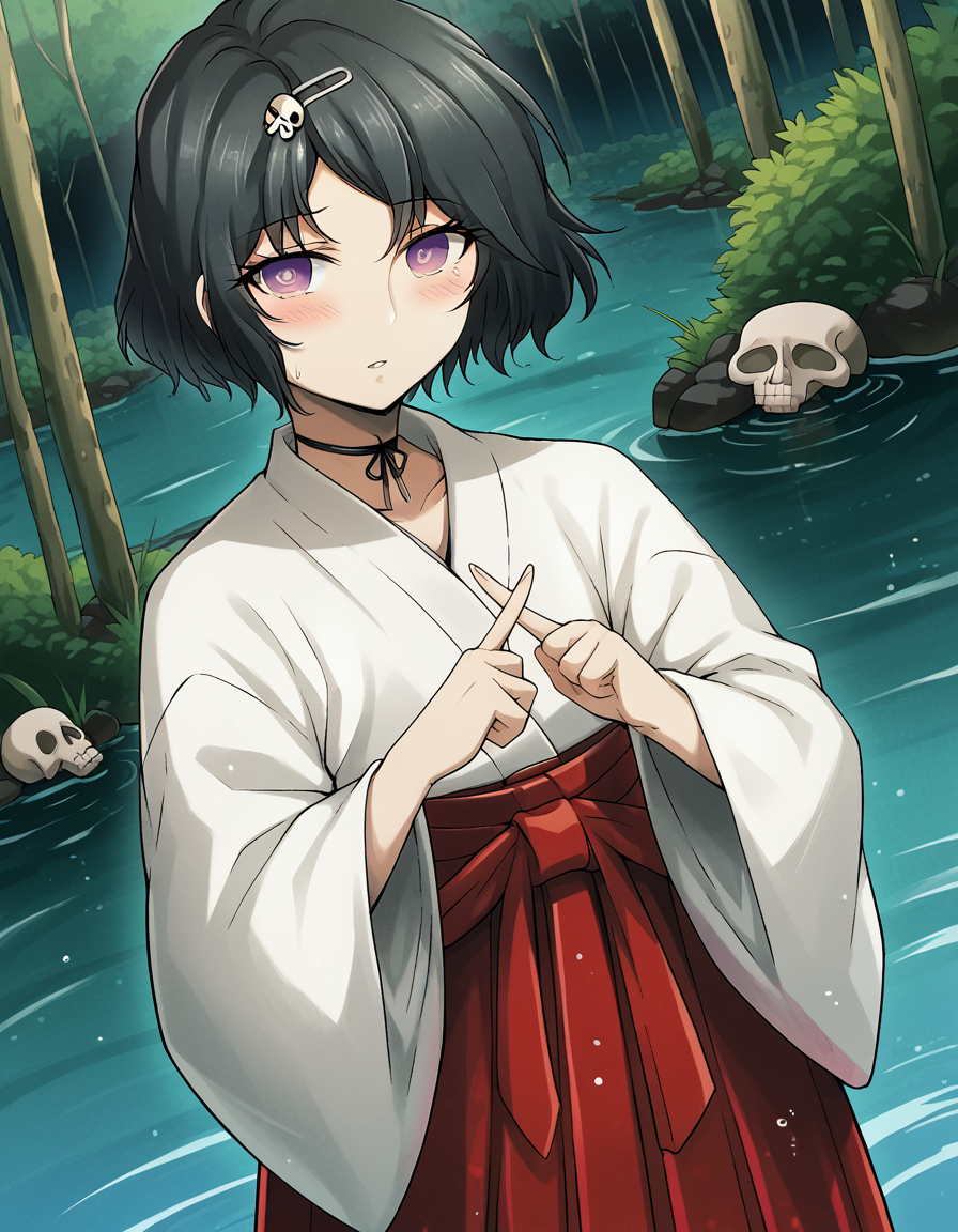 score_9, score_8_up, score_7_up, source_anime, <lora:luka-urushibara-ingame-ponyxl-lora-nochekaiser:1>, luka urushibara, black hair, choker, hair ornament, hairpin, male focus, otoko no ko, purple eyes, ribbon, ribbon choker, short hair, skull, skull hair ornament, trap,, japanese clothes, kimono, hakama, red hakama, white kimono, long sleeves,, wetland, water, reeds, swamp, wildlife, , <lora:x-fingers-ponyxl-lora-nochekaiser:1>, x fingers, blush, parted lips,, looking at viewer, solo,, dutch angle, cowboy shot