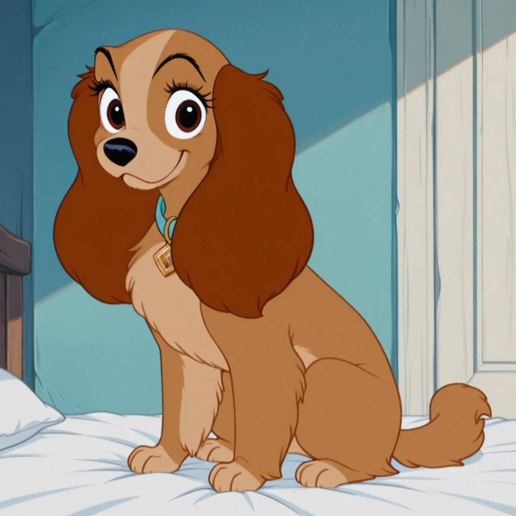 lady, female, dog, disney, cocker spaniel, long brown ears, tan fur, light tan belly, light tan paws, brown eyes, blue collar with gold diamond-shaped tag BREAK score_9, score_8, score_7, no humans, (((full body))), standing, solo, female, feral, hight definition, hyper detailed, best quality, amazing quality, 1girl, cute, cute smile, cute pose, 8k, masterpiece, looking at viewer BREAK sitting, happy, friendly, adorable, expressive eyes, sweet, smiling, closed mouth, half-open eyes, indoors, on bed