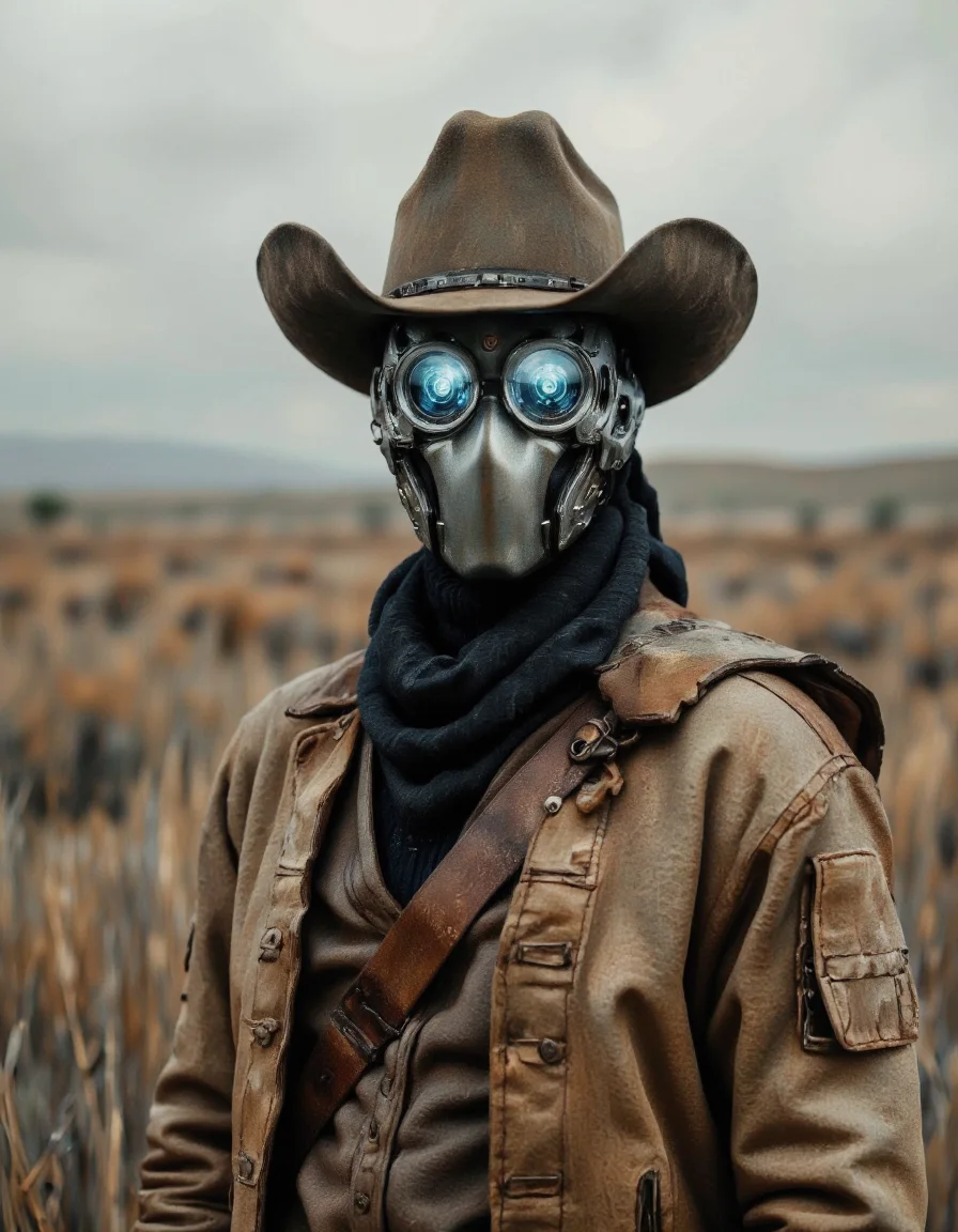 SentinelBot. This is a digitally rendered photograph featuring a futuristic cowboy in an expansive, desolate landscape. The subject is a man wearing a large, dusty brown cowboy hat and a rugged, leather jacket with visible stitching and patches. The jacket's texture is worn and weathered, suggesting long use. He also sports a futuristic, cybernetic mask that covers his face, emitting a blue light from its center, indicating advanced technology. The mask has a circular, metallic design with a visor and small, glowing blue symbols on the sides.
His attire is complemented by a brown, leather shoulder strap that crosses over his chest, adding to the rugged, frontier style. The background is a vast, open plain with tall, dry grasses, and a hazy, overcast sky that adds a moody, almost apocalyptic feel to the scene. The colors are muted, with earthy browns and muted greens, and the overall lighting is soft and diffused, creating a dramatic, almost ethereal atmosphere. The image captures a blend of old-western and sci-fi aesthetics, evoking a sense of adventure and mystery in a post-apocalyptic setting. <lora:The_Vanguard:1.25>