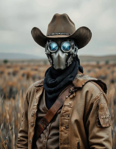 SentinelBot. This is a digitally rendered photograph featuring a futuristic cowboy in an expansive, desolate landscape. The subject is a man wearing a large, dusty brown cowboy hat and a rugged, leather jacket with visible stitching and patches. The jacket's texture is worn and weathered, suggesting long use. He also sports a futuristic, cybernetic mask that covers his face, emitting a blue light from its center, indicating advanced technology. The mask has a circular, metallic design with a visor and small, glowing blue symbols on the sides.
His attire is complemented by a brown, leather shoulder strap that crosses over his chest, adding to the rugged, frontier style. The background is a vast, open plain with tall, dry grasses, and a hazy, overcast sky that adds a moody, almost apocalyptic feel to the scene. The colors are muted, with earthy browns and muted greens, and the overall lighting is soft and diffused, creating a dramatic, almost ethereal atmosphere. The image captures a blend of old-western and sci-fi aesthetics, evoking a sense of adventure and mystery in a post-apocalyptic setting. <lora:The_Vanguard:1.25>