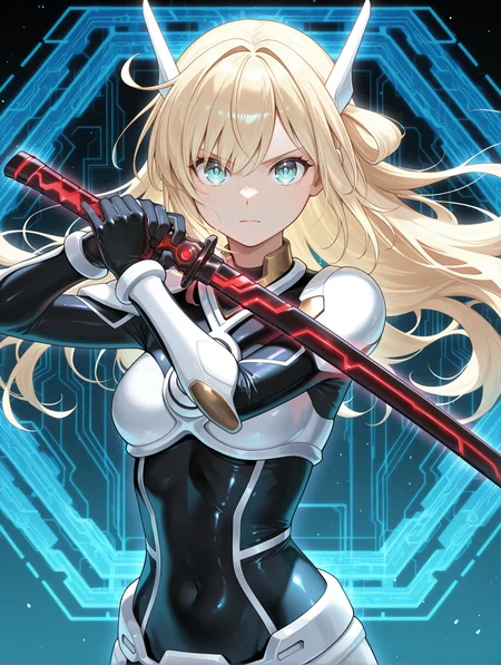 sky striker ace - raye,battle bodysuit,1girl,solo,holding black katana,black katana,standing,blue honeycomb \(pattern\),white headgear,white breastplate,black bodysuit,white armored gloves,gradient background,looking at viewer,circuit board print,blue theme,two-handed sword,serious,upper body, floating hair,
masterpiece,best quality,amazing quality,very aesthetic,absurdres,newest,<lora:Sky striker ace - Raye illusXL v1:0.75>,