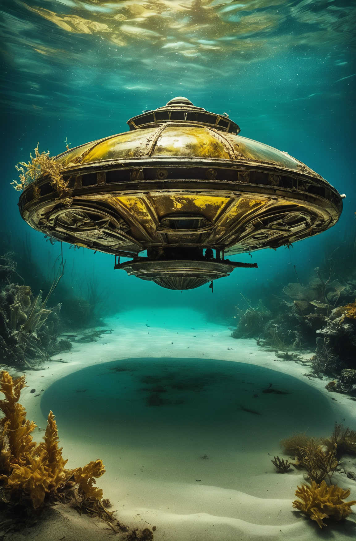 A crashed steampunk UFO Spaceship, Liquid chrome finish, Underwater, buried in the sand, weathered, decayed, plant overgrown like an artificial reef. Only the top can be seen. Night Photography, Underwater Wildlife Photography, Hint of Color, Faded Color, Wet plate collodion photography, Dark, mature, gritty, Oil painting. Nighttime. Stygian darkness. Rule of Thirds. Aquamarine background. The Underwater surface of the ice can be seen from below. Dark. Center top Spotlight. God streaks. Long exposure. Minimalist. Fantastic. Hyper Realism. Serene. Longing. Ethereal. Intense. Yellow colored lighting. Ultra-wide-angle lenses, High angle POV. Zoom out, Far subject, shooting from a high angle