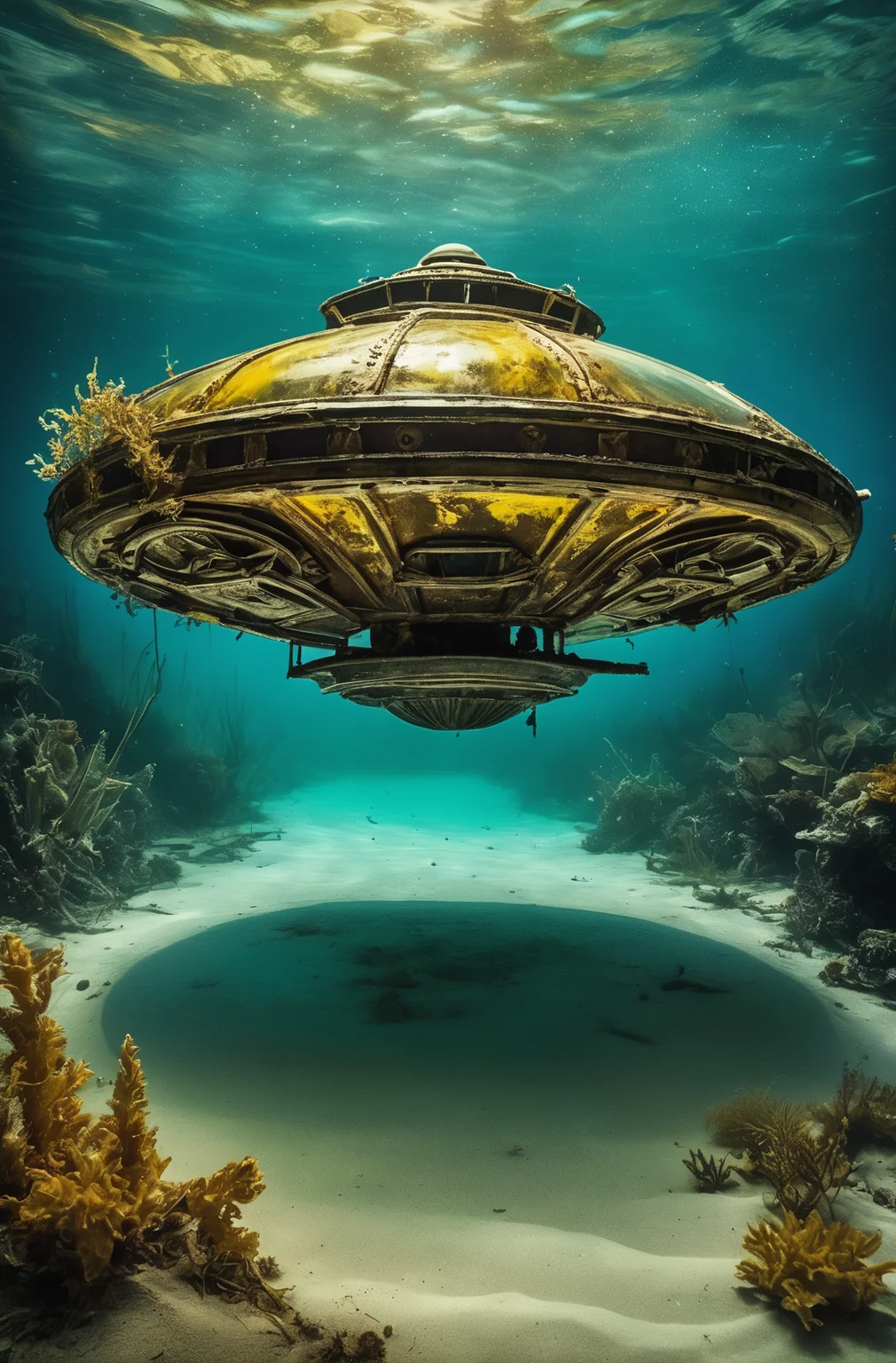 A crashed steampunk UFO Spaceship, Liquid chrome finish, Underwater, buried in the sand, weathered, decayed, plant overgrown like an artificial reef. Only the top can be seen. Night Photography, Underwater Wildlife Photography, Hint of Color, Faded Color, Wet plate collodion photography, Dark, mature, gritty, Oil painting. Nighttime. Stygian darkness. Rule of Thirds. Aquamarine background. The Underwater surface of the ice can be seen from below. Dark. Center top Spotlight. God streaks. Long exposure. Minimalist. Fantastic. Hyper Realism. Serene. Longing. Ethereal. Intense. Yellow colored lighting. Ultra-wide-angle lenses, High angle POV. Zoom out, Far subject, shooting from a high angle