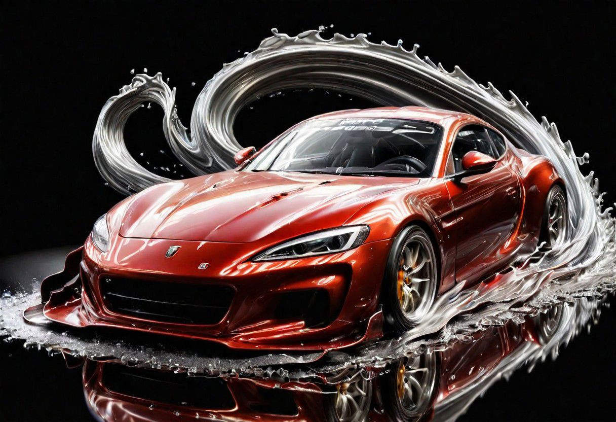 RED sports car, race car, racing through SILVER LIQUID METAL, liquid metal sprays up from the cars tyres, Car drifting sidewys in a black void