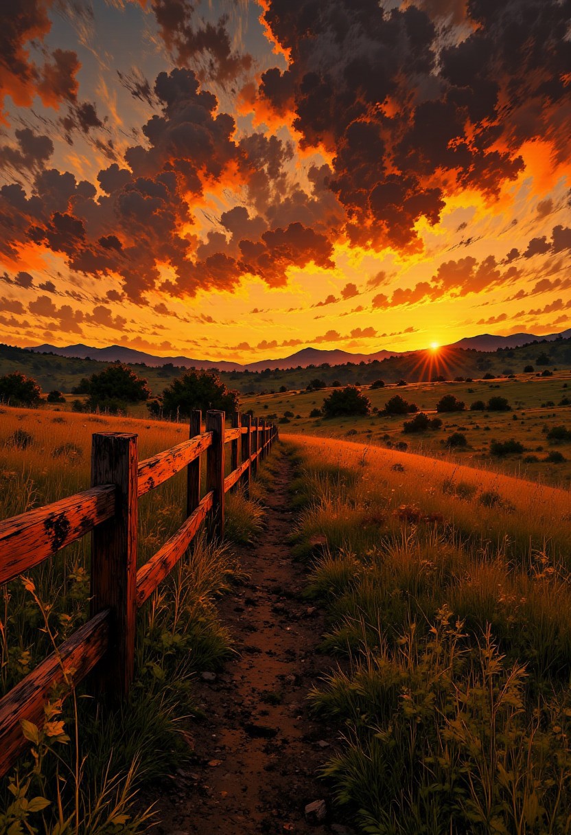 Texas Wild Prairie – Rustic Fence & Fiery Sky
"A wild Texan prairie at dusk, where tall golden grasses stretch to the horizon, kissed by the deep orange glow of the setting sun. A weathered wooden fence runs along the landscape, leading the eye toward distant rolling hills. The sky is ablaze with hues of crimson, amber, and violet, creating a dramatic contrast against the earthy tones of the land."