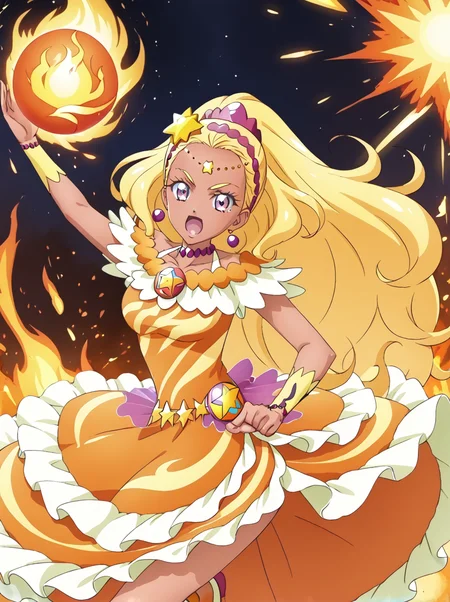 detailed background, shiny skin, posing,
<lora:curesoleil.pony:1.0>
curesoleil,
large breasts,
fire, flame, explosion, fire ball, kick,