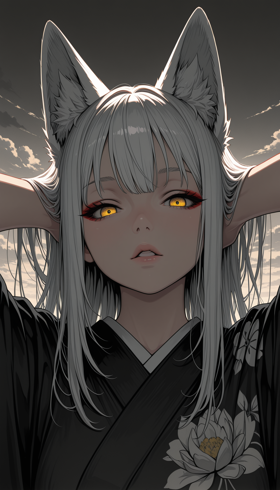 masterpiece, very awa, amazing quality, best quality, newest, highres, absurdres, 1girl, fox tail, sky, white hair, long hair, animal ears, yellow eyes, kitsune, parted lips, looking at viewer, kimono, floral print, outdoors, portrait, arms behind head, adjusting hair, cloud, volumetric lighting,<lora:HyperdetailedColoredPencilIl:0.25>  ArsMJStyle, Colored pencil hyperdetailed realism, <lora:Sinozick_style:0.75> Sinozick_illu,gradient,spot color, <lora:illustriousXL_stabilizer_v1.23:0.3>