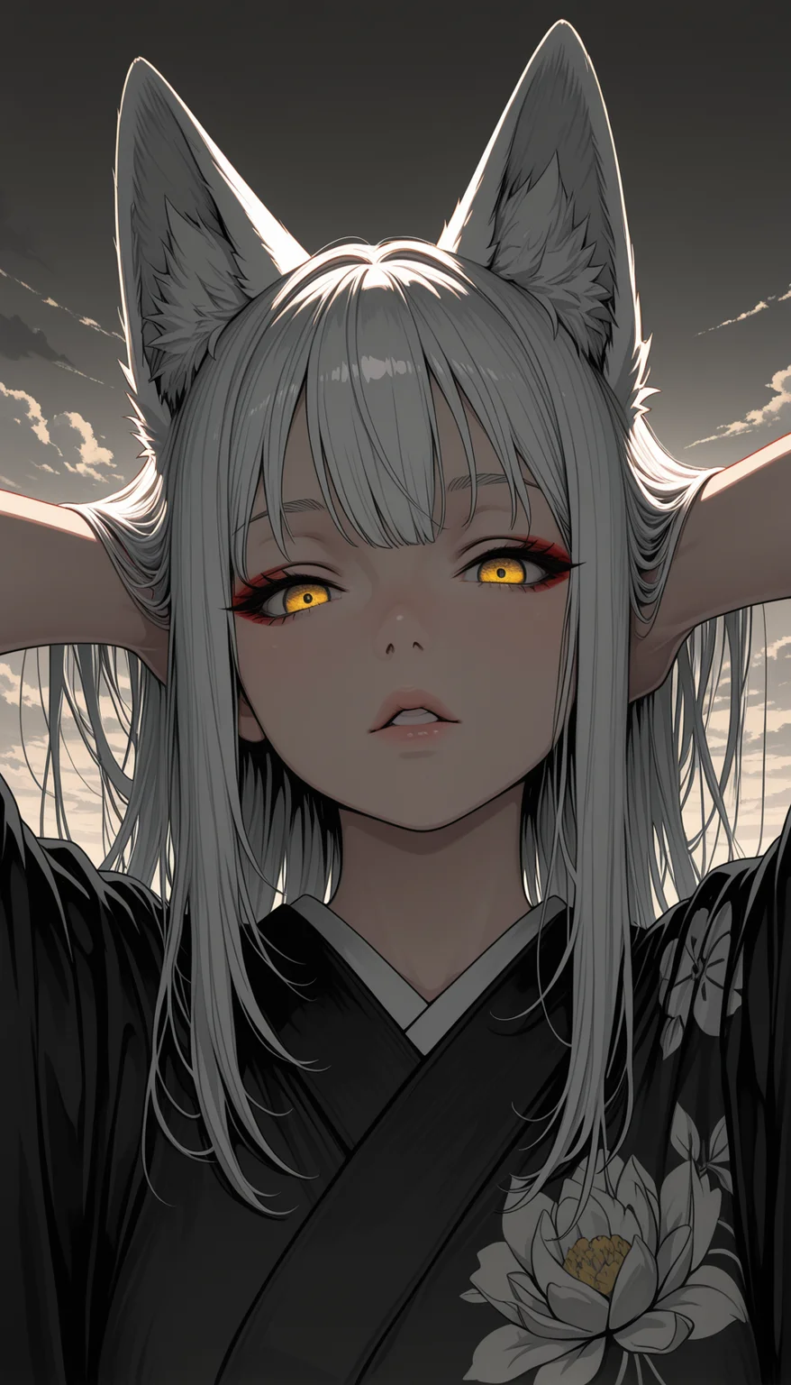 masterpiece, very awa, amazing quality, best quality, newest, highres, absurdres, 1girl, fox tail, sky, white hair, long hair, animal ears, yellow eyes, kitsune, parted lips, looking at viewer, kimono, floral print, outdoors, portrait, arms behind head, adjusting hair, cloud, volumetric lighting,<lora:HyperdetailedColoredPencilIl:0.25> ArsMJStyle, Colored pencil hyperdetailed realism, <lora:Sinozick_style:0.75> Sinozick_illu,gradient,spot color, <lora:illustriousXL_stabilizer_v1.23:0.3>
