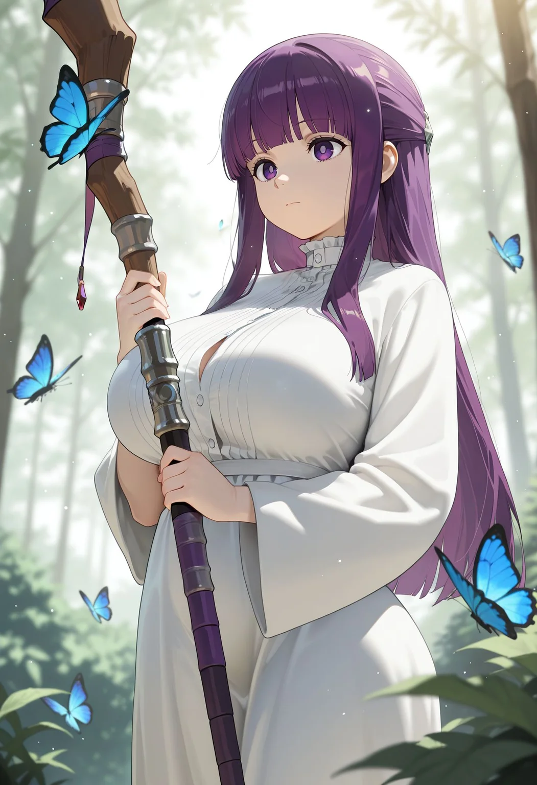 masterpiece,best quality,amazing quality, absurdres, 8k,fern \(sousou no frieren\), 1girl,  blue butterfly, breasts, bug, butterfly, closed mouth, dress, holding, holding weapon, insect, large breasts, light particles, long hair, mage staff, outdoors, purple eyes, purple hair, robe, , solo, staff,  weapon, white robe