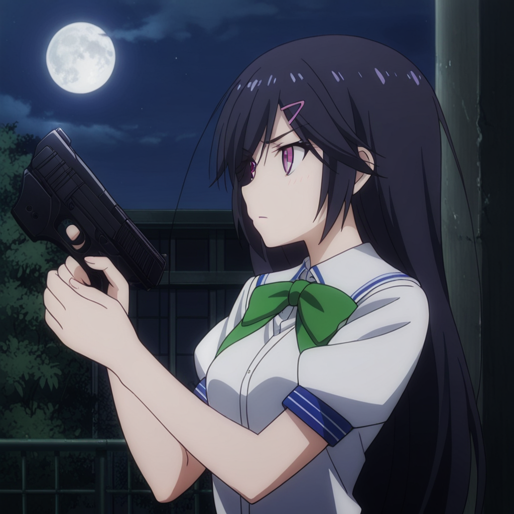 nsfw, masterpiece, best quality, 1girl, solo, magical_warfare_mui_aiba, weapon, gun, long hair, hair ornament, school uniform, hairclip, black hair, bow, handgun, shirt, purple eyes, holding, outdoor, night, moon, <lora:Mui_Aiba_-_Magical_Warfare:0.7>