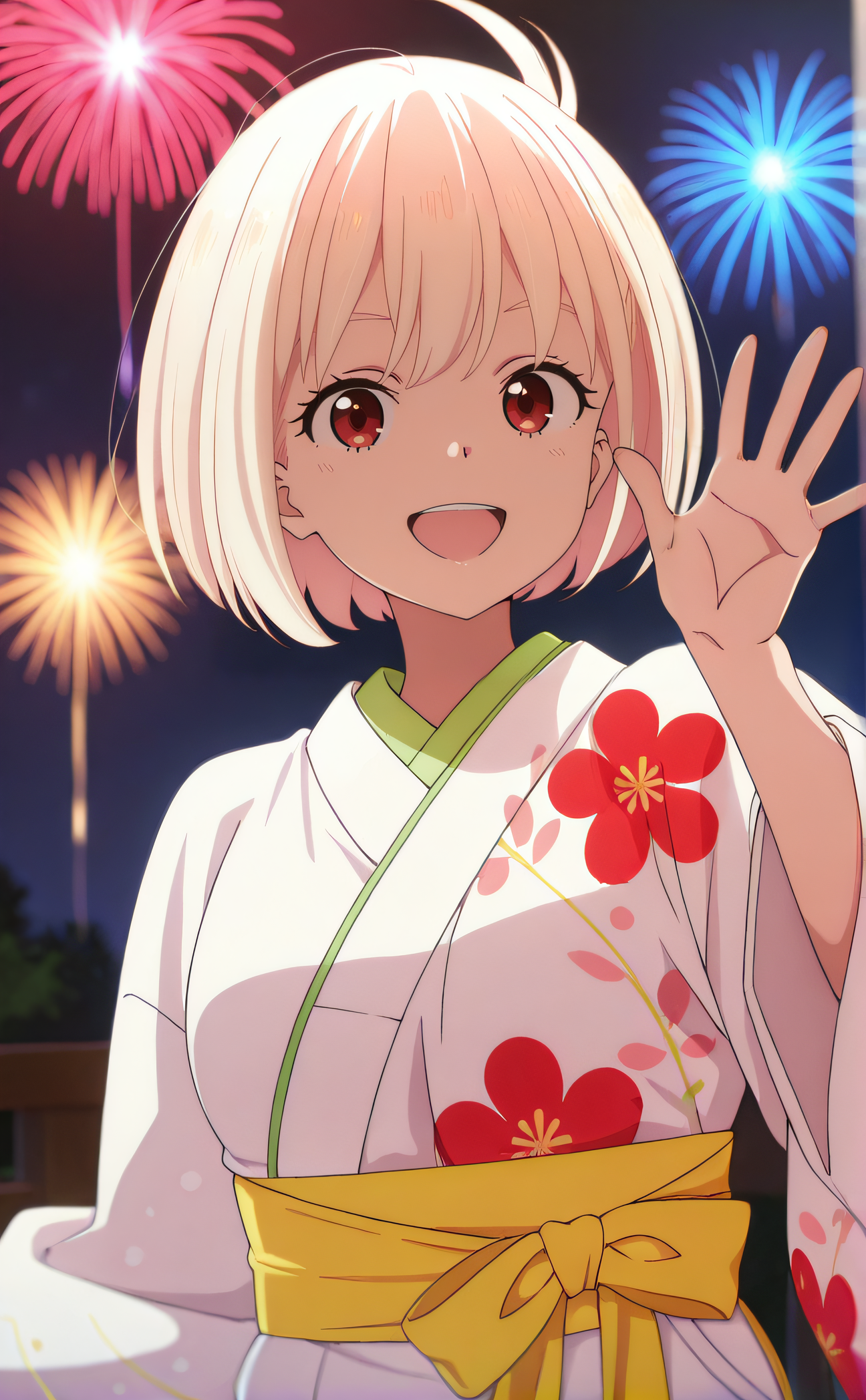 masterpiece, best quality, highres, newest, 1girl, solo, official style, anime screencap, <lora:Nishigiki_Chisato:1>, chisato, blonde hair, bob hair cut, red eyes, white kimono, floral print, wide sleeves, yellow sash, fireworks, night, smile, open mouth, hand up, five fingers, looking at viewer