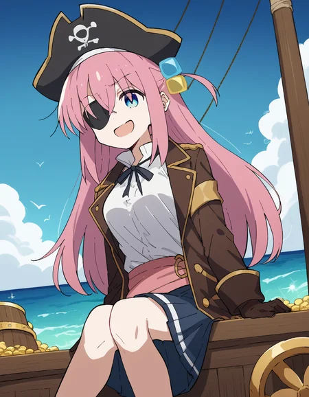 score_9, score_8_up, score_7_up, source_anime, hitorigotou, <lora:hitori-gotou-s1-ponyxl-lora-nochekaiser:1>, hitori gotou, blue eyes, cube hair ornament, hair between eyes, hair ornament, pink hair, one side up, long hair, medium breasts,, <lora:pirate-costume-ponyxl-lora-nochekaiser:1>, pirate costume, pirate hat, skirt, gloves, jacket, shirt, eyepatch,, blue sky, sea, ocean, pirate ship, treasure, gold, smug, open mouth, from below, sitting,, cowboy shot
