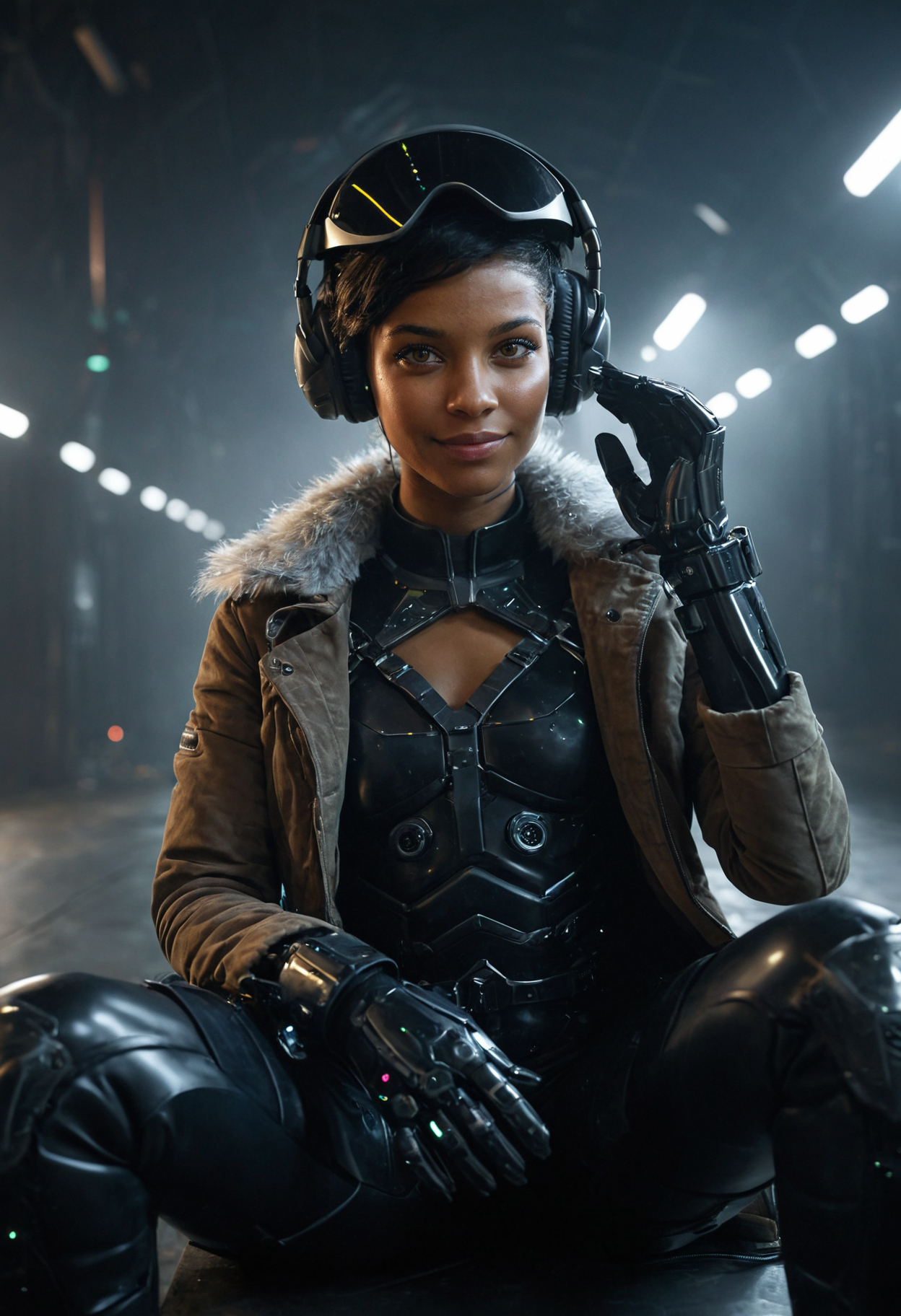 youngwoman, <lora:kwFemaleBeta63_FLUX_v1:1>,
hangar, factory, neon, size difference,  spotlight, dark theme, portrait, close-up,  in palm, mecha, humanoid, armor, science-fiction, portrait, glowing eyes, knight, facing viewer, visor, front view, foreshortening, hand up, face focus, gauntlets, solo, minigirl, sitting, bodysuit, chest harness, overskirt, full body, brown skin, short hair, single earring, dark-skinned female, looking at viewer, pants, knee boots, smirk, gloves, brown jacket, fur-trimmed jacket, headphones,  hand between legs, smirk, black hair,, <lora:Dark_Futuristic_Circuit_Boards:1>, dark futuristic