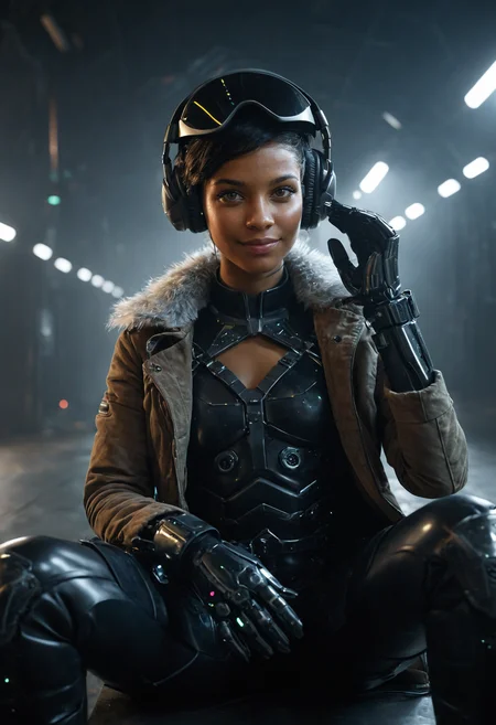 youngwoman, <lora:kwFemaleBeta63_FLUX_v1:1>,
hangar, factory, neon, size difference, spotlight, dark theme, portrait, close-up, in palm, mecha, humanoid, armor, science-fiction, portrait, glowing eyes, knight, facing viewer, visor, front view, foreshortening, hand up, face focus, gauntlets, solo, minigirl, sitting, bodysuit, chest harness, overskirt, full body, brown skin, short hair, single earring, dark-skinned female, looking at viewer, pants, knee boots, smirk, gloves, brown jacket, fur-trimmed jacket, headphones, hand between legs, smirk, black hair,, <lora:Dark_Futuristic_Circuit_Boards:1>, dark futuristic