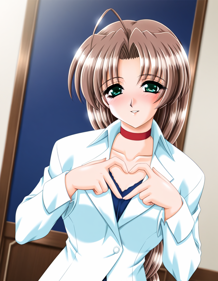 masterpiece, best quality, amazing quality, very aesthetic, absurdres, official art, ultra detailed, game cg, 
1girl, solo, shinohara_shizue, green eyes, brown hair, long hair, ahoge, braid, curvy BREAK
formal white suit, white collar, red choker, blue shirt, collarbone, 
blush, smile, parted lips, looking at viewer, 
standing, pinup, heart hands, 
in room, upper body, deep contrast of light and dark, sharp focus, depth of field, highly detailed  <lora:Shinohara Shizue v1.0-000013:1>