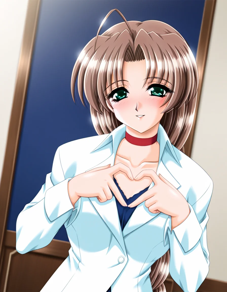 masterpiece, best quality, amazing quality, very aesthetic, absurdres, official art, ultra detailed, game cg, 
1girl, solo, shinohara_shizue, green eyes, brown hair, long hair, ahoge, braid, curvy BREAK
formal white suit, white collar, red choker, blue shirt, collarbone, 
blush, smile, parted lips, looking at viewer, 
standing, pinup, heart hands, 
in room, upper body, deep contrast of light and dark, sharp focus, depth of field, highly detailed  <lora:Shinohara Shizue v1.0-000013:1>
