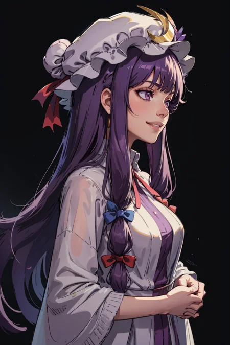 ((masterpiece,best quality)), absurdres,
<lora:patchouli_knowledge-byPatchouli:0.8>, patchouli_knowledge, 1girl, solo, purple hair, purple eyes, long hair, mob cap, crescent hat ornament
side view,
solo, smiling,