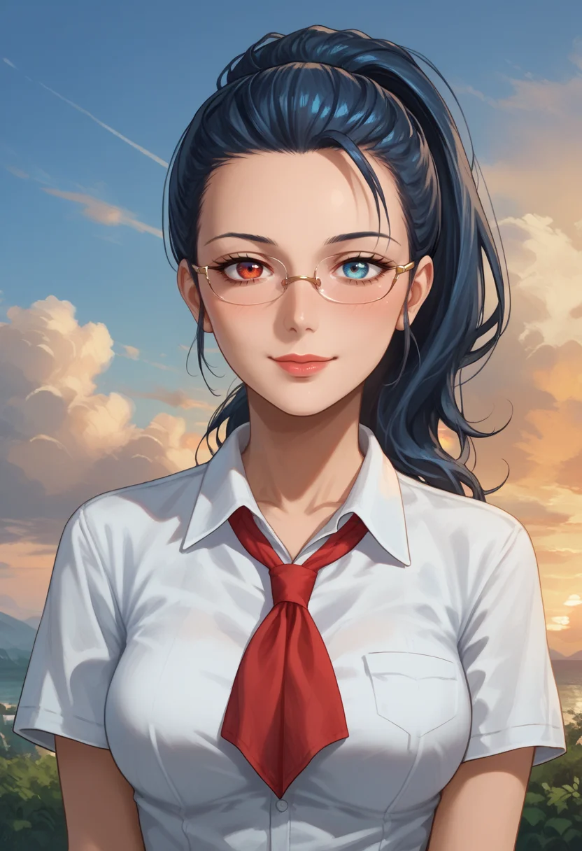 score_9, score_8_up, score_7_up,
best quality, masterpiece, ultra detailed,
<lora:Expressive_H:1>, 28 years old, mature,
light smile, blush, lips, nose, glasses,
looking at viewer, portrait,
<lora:Everlasting_Summer_Viola:0.7>, viola, ponytail hair, heterochromia eyes, left eye red, blue eye blue, blue eyes, heterochromia, ponytail, red eyes, black hair, blue hair, medium breasts, milf woman solo,
white collared shirt, short sleeves, red neckerchief, neckerchief,
outdoors, sunset, clouds, sky,
amazing background,