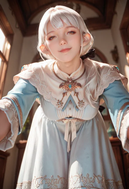 ameliance,brown eyes,white hair,bow,ponytail,ameliancedress,capelet,mature female<lora:amelianceILv6:.9>cowboy shot,reaching towards viewer,smile,tall female,bent over,pov,from below, very awa, masterpiece, very awa, best quality, amazing quality, very aesthetic, absurdres, newest, intricate details <lora:spo_sdxl_10ep_4k-data_lora_webui:0.7>,