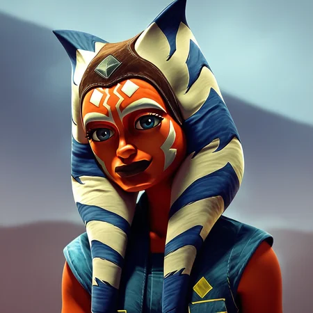 score_9, score_8_up, score_7_up, female, solo, brown headband, ahsoka, medium breasts, outdoors, dark, stormy sky, spacecraft, fog, looking at viewer, smile, closed mouth, Outfit1, blue shirt, sleeveless, three-quarter view, head tilt