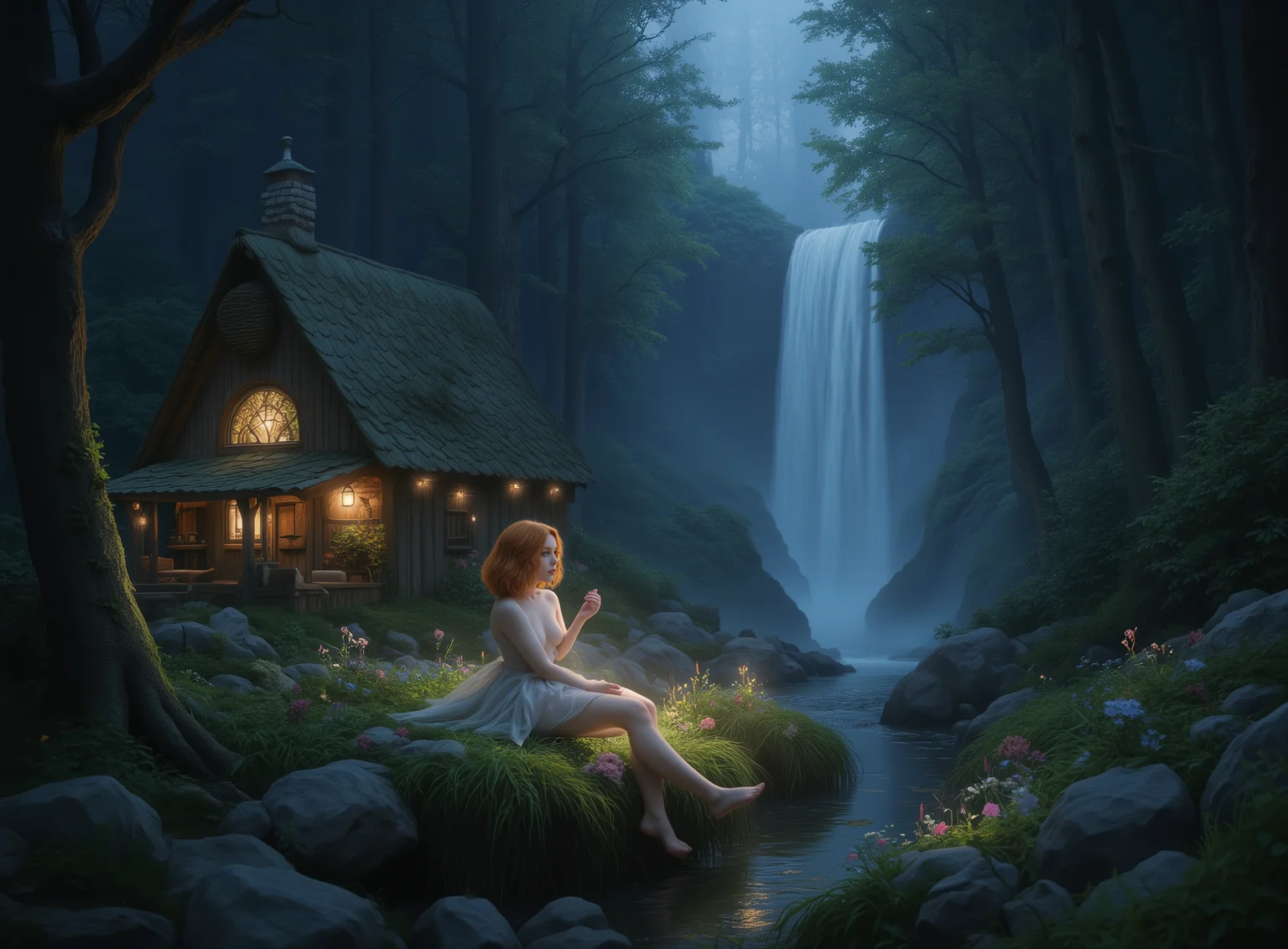 detailed realistic background,
official art, beautiful and aesthetic,
realistic lighting, cinematic lighting, soothing tones, muted colors, high contrast, soft light, sharp, artistic photoshoot, FeyFa, forest, trees, middle, path, waterfall, through, background, stream, flowers, lights, in the foreground sitting a fairy in front of her fairy house, light, cute, petite, slender, european, pale cheeks, square face shape with angular jaw, natural makeup, ginger hair, wavy bob hair, wearing a see-through gossamer fairy short dress, night time, darkness, sfw