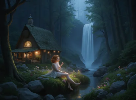 detailed realistic background,
official art, beautiful and aesthetic,
realistic lighting, cinematic lighting, soothing tones, muted colors, high contrast, soft light, sharp, artistic photoshoot, FeyFa, forest, trees, middle, path, waterfall, through, background, stream, flowers, lights, in the foreground sitting a fairy in front of her fairy house, light, cute, petite, slender, european, pale cheeks, square face shape with angular jaw, natural makeup, ginger hair, wavy bob hair, wearing a see-through gossamer fairy short dress, night time, darkness, sfw