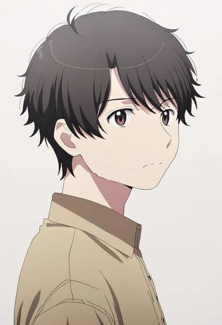 high resolution, solo, best quality, 1Boy, Inaho Kaizuka, Black Hair, Brown Eyes, potrait, dark shirt, looking at viewer, focused gaze forward, simple background, straight body, upper body, head upright, shy, OverallDetail