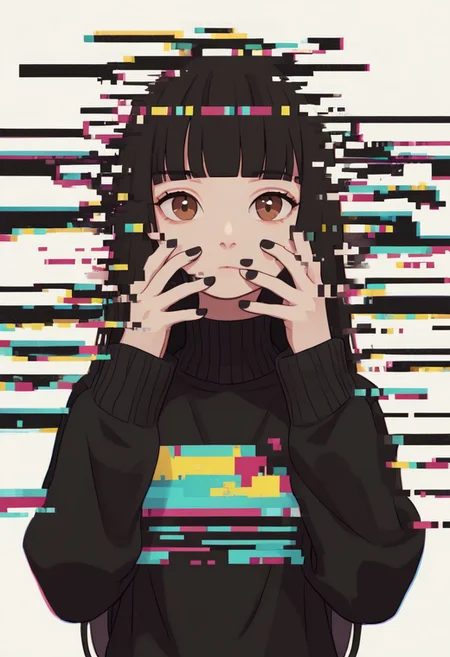 did vaporwave style, 1girl, solo, black hair, looking at viewer, glitch, upper body, long sleeves, long hair, hands up, blunt bangs, shirt, brown eyes, sweater, black nails, zPDXL2