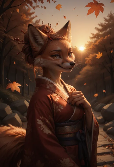 score_9, score_8_up, score_7_up, score_6_up, score_5_up, FurFemX, fox-girl, sleek red fur, fluffy tail, golden sunset, gentle smile, autumn leaves, warm lighting, delicate whiskers, intricate kimono, glowing lanterns, soft shading, anime aesthetic, peaceful vibe