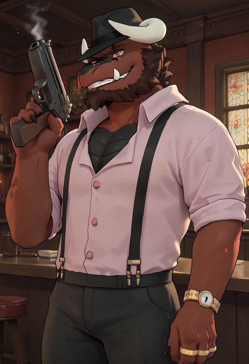score_9, score_8_up, score_7_up, ((Memphisvn)), dragon, full black scaly chest body, black pants with suspenders, light pink dress shirt, solo, 1boy, extremely expressive, hand on fedora, sinister smile teeth, gun in hand, bedroom eyes, in bar, dark lighting, black fedora, hi res, detailed eyes, eyes focus, big iris, 4k perfect eyes, perfect face, 5fingers, best artwork, highly detailed