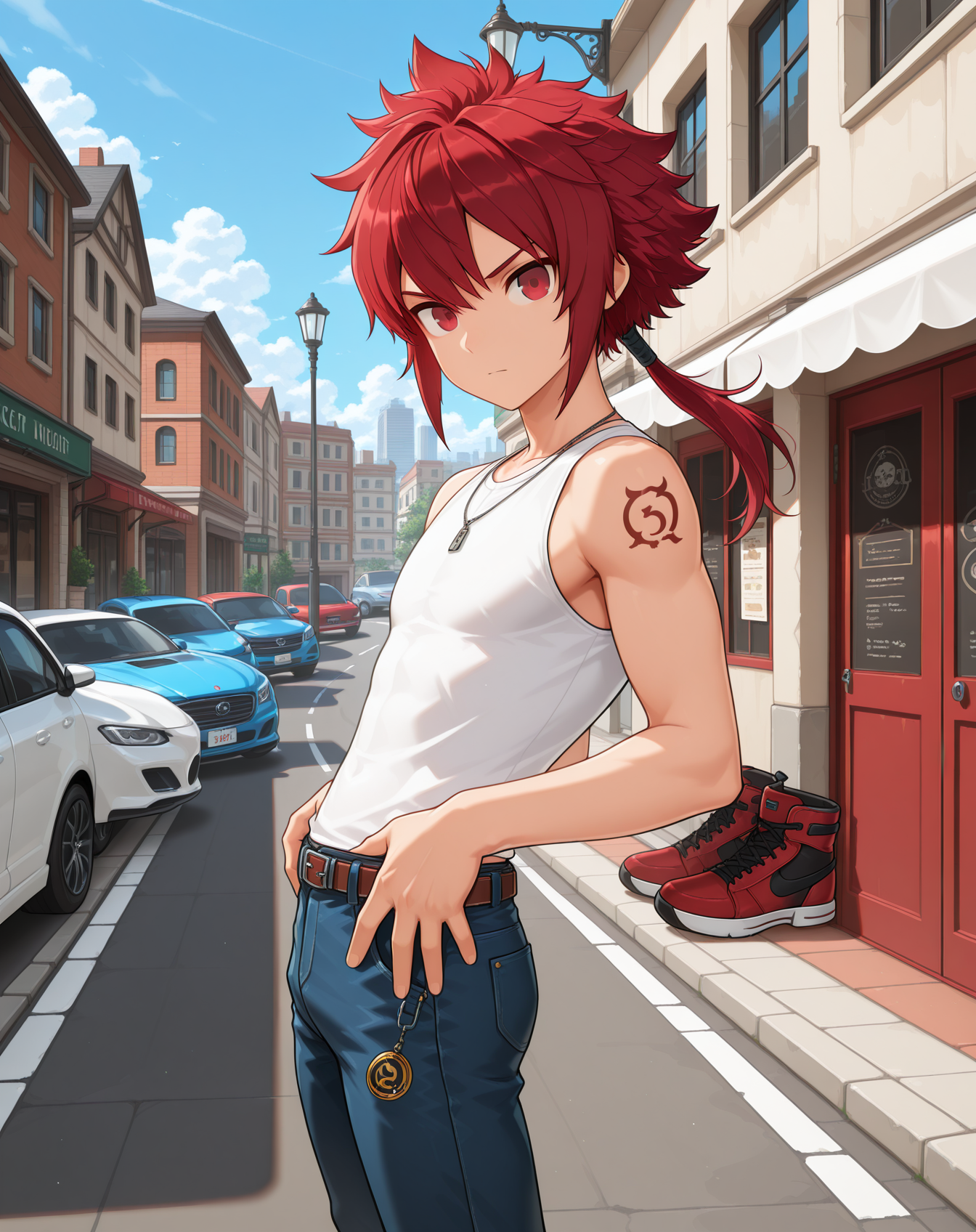 masterpiece,best quality,amazing quality, newest, very aesthetic, absurdres,
1boy, solo, yaoi, male focus, looking at viewer, cowboy shot, standing,
 <lora:Elsword_Rune_Slayer_ilxl:1> elswordrs, red hair, red eyes, arm tattoo, spiked hair, ponytail, long hair,
white shirt, jeans, sneakers,
outdoors, day, blue sky, building, street, road, lamppost, car,