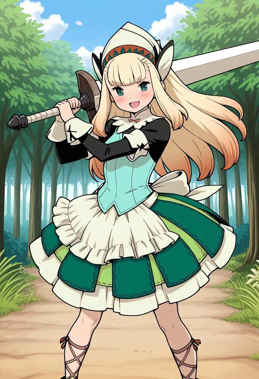 bravely_default_(series),monster_hunter_(series),masterpiece,anime_coloring,anime_clothing,amazing_quality,1girl,blonde_hair.long_hair,Helper_clothes, apron, green dress, long sleeves, dress, frilled apron, head scarf, waist apron, puffy sleeves, cross-laced footwear, brown footwear ,solo,blush cheek,smile,open mouth,close-up face,holding_huge_sword,great_sword,(dynamic_pose), forest,day sky,